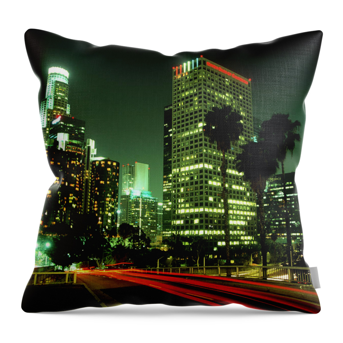 Downtown District Throw Pillow featuring the photograph Los Angeles Skyline At Night #1 by Hisham Ibrahim