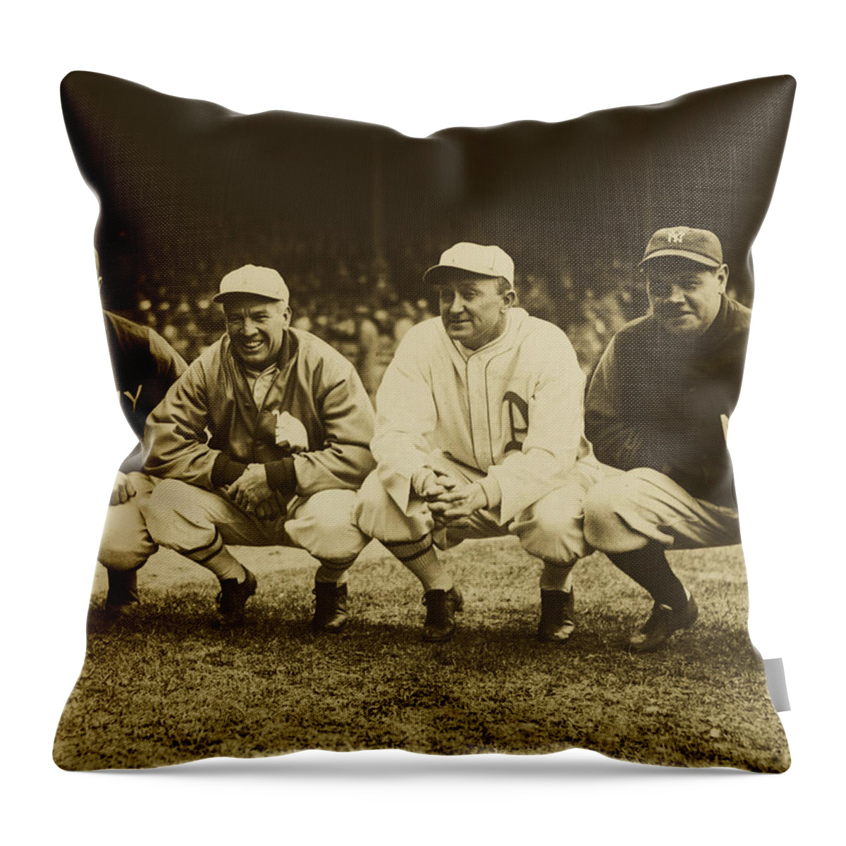 Lou Gehrig Throw Pillow featuring the photograph Lou Gehrig, Tris Speaker, Ty Cobb, And Babe Ruth 1928 #1 by Mountain Dreams