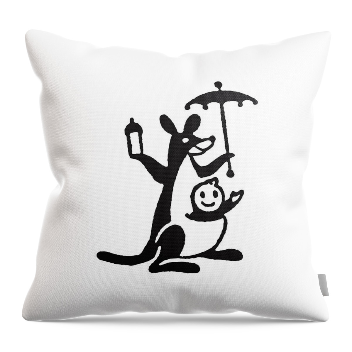 Animal Throw Pillow featuring the drawing Mama Kangaroo with Umbrella over Baby and Bottle #1 by CSA Images