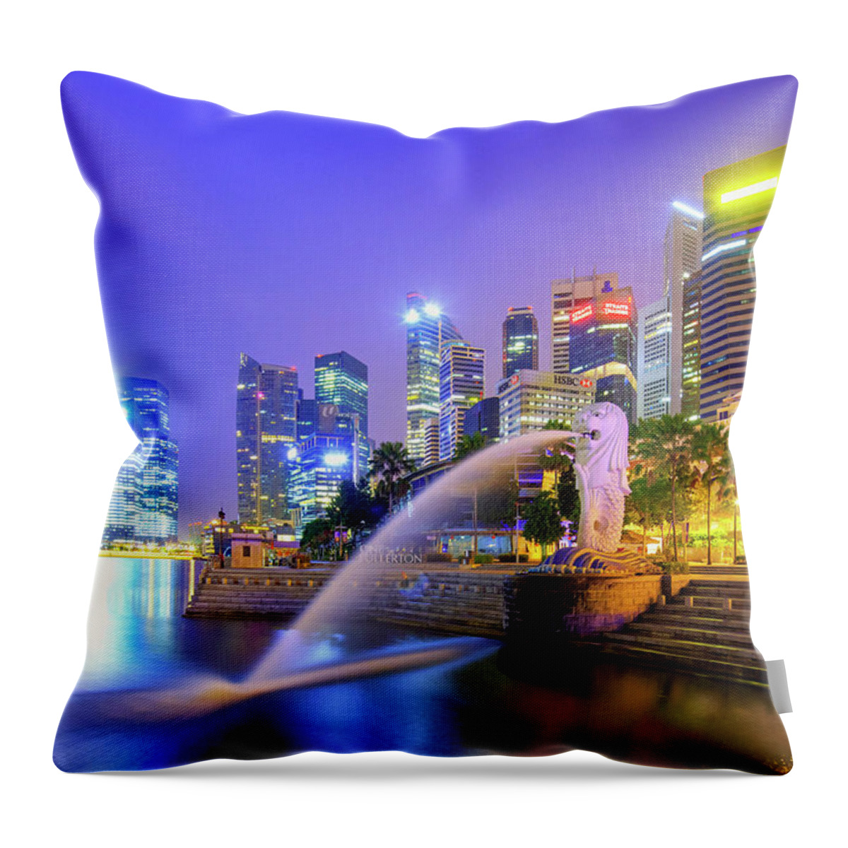 Estock Throw Pillow featuring the digital art Marina Bay & Merlion, Singapore City #1 by Maurizio Rellini