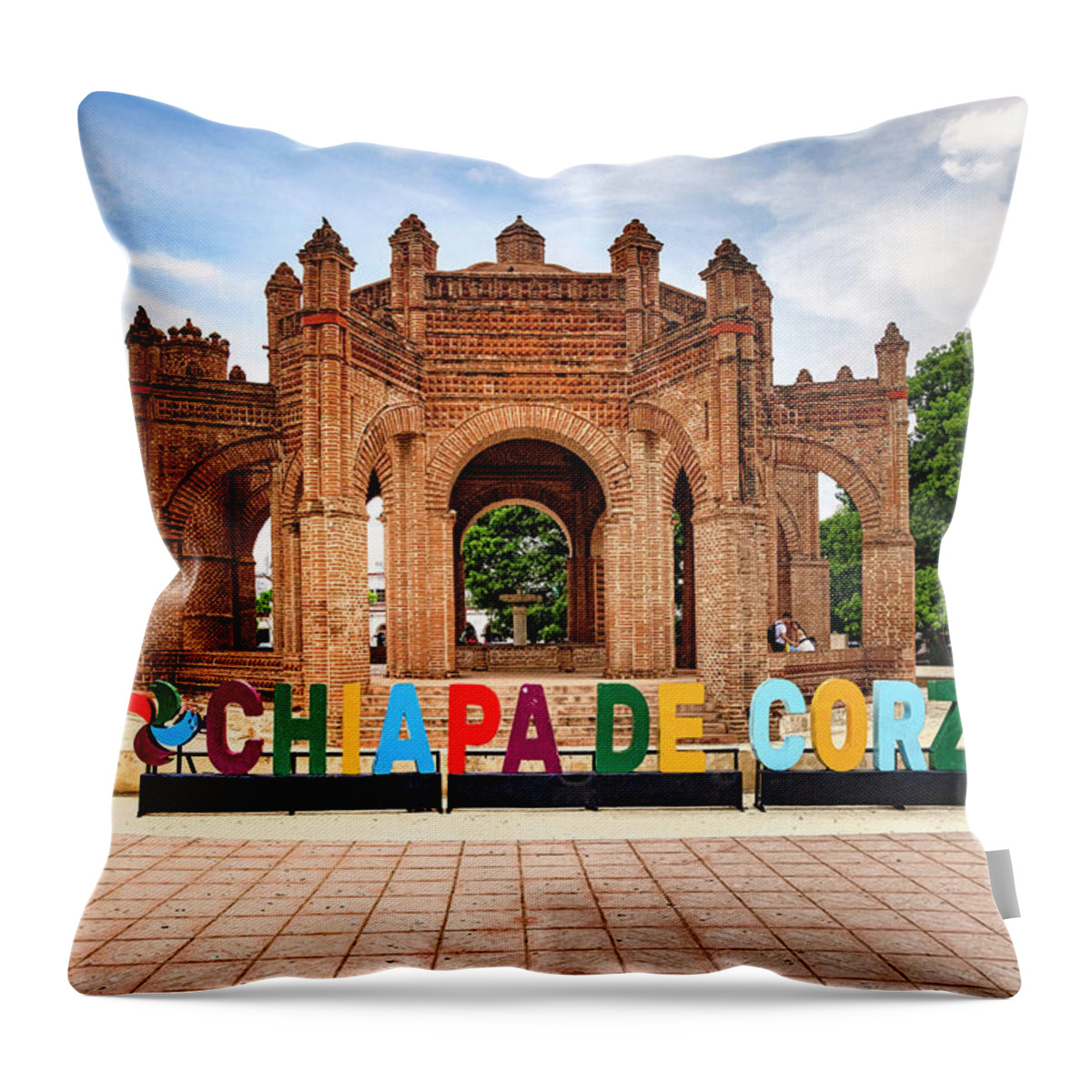 Estock Throw Pillow featuring the digital art Mexico, Chiapas, Colonial Fountain In Main Square (1562) #1 by Claudia Uripos