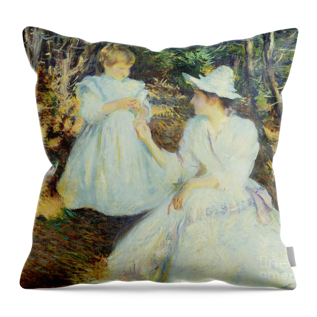 Wood (material) Throw Pillow featuring the painting Mother And Child In Pine Woods by Edmund Charles Tarbell