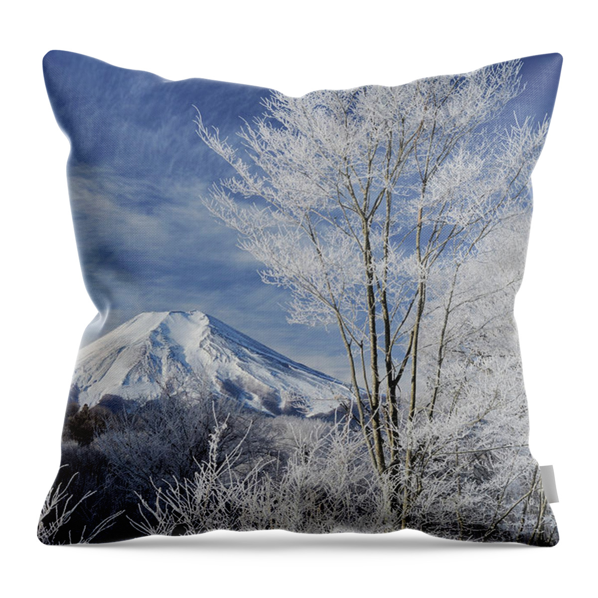 Tranquility Throw Pillow featuring the photograph Mt. Fuji And Frost-covered Trees #1 by Toyofumi Mori