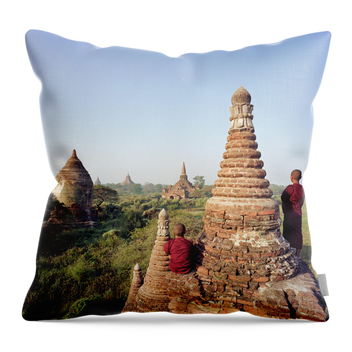 Child Throw Pillow featuring the photograph Myanmar, Bagan, Buddhist Monks On Temple #1 by Martin Puddy