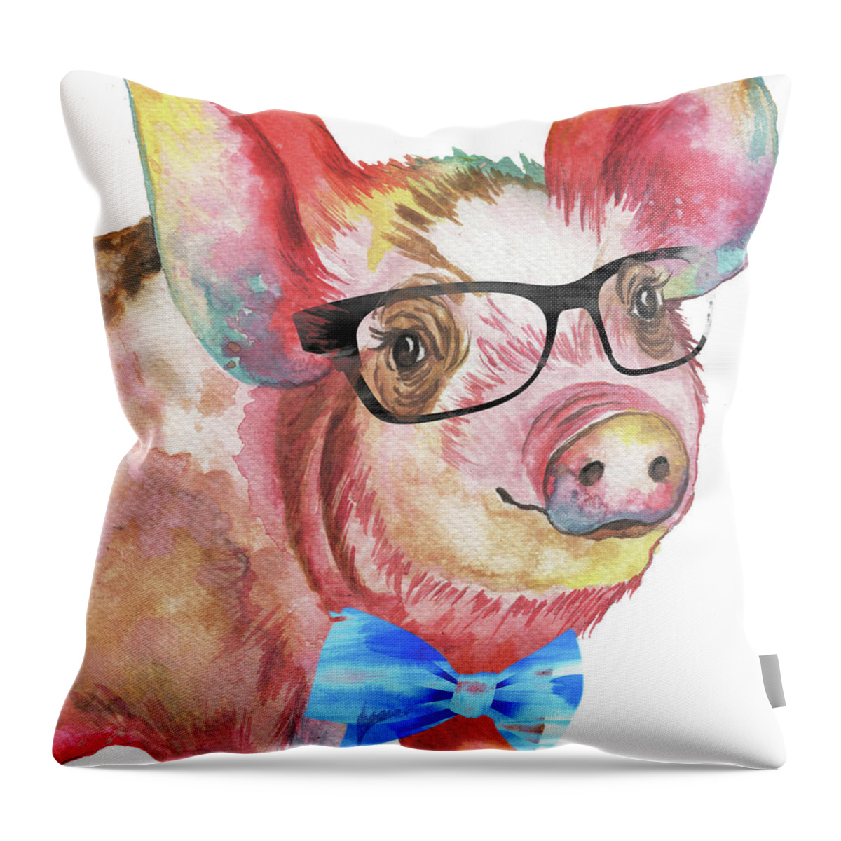 Nerdy Throw Pillow featuring the mixed media Nerdy Pig #1 by Elizabeth Medley