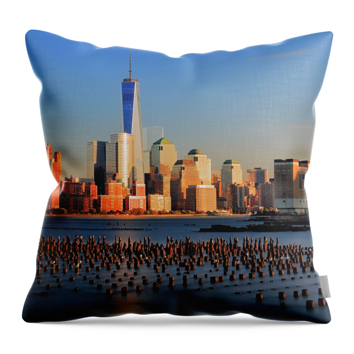Estock Throw Pillow featuring the digital art New York City, Manhattan, Hudson, Lower Manhattan, One World Trade Center, Freedom Tower, View Across The Hudson River Of The Downtown Manhattan And Financial District Skyline From New Jersey #1 by Riccardo Spila