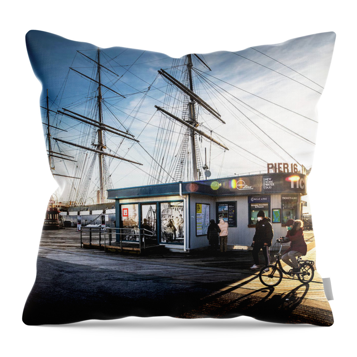 Estock Throw Pillow featuring the digital art Nyc, Manhattan , South Street Seaport. Pier 16 Ticket Booth #1 by Lumiere