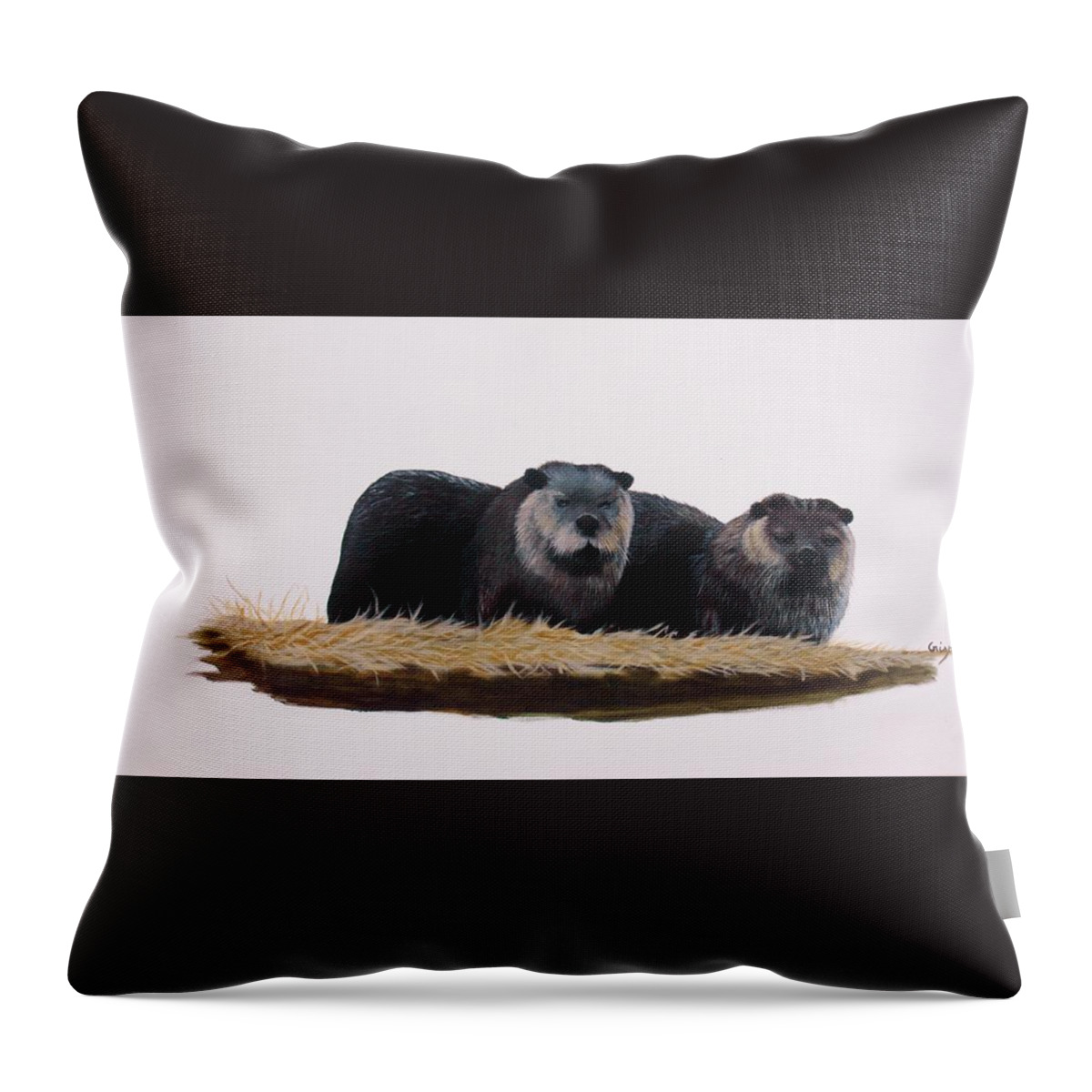 Otters Throw Pillow featuring the painting Otters #1 by Jean Yves Crispo