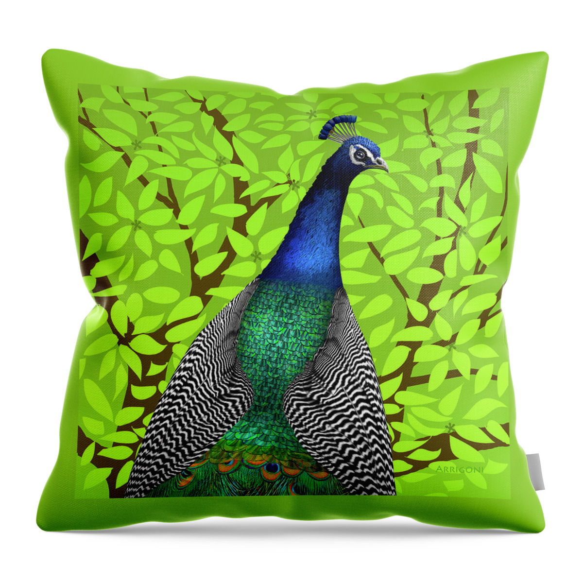 Peacock In Tree Throw Pillow featuring the painting Peacock in Tree, Lime Green, Square by David Arrigoni