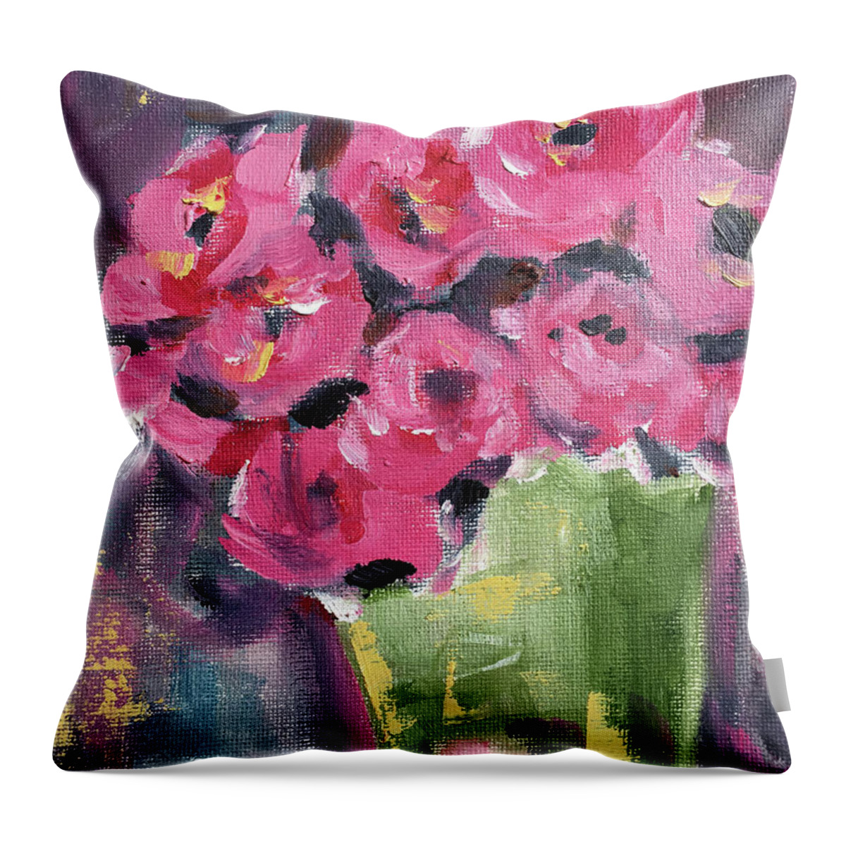 Roses Throw Pillow featuring the painting Pink Roses in a Green Bucket #1 by Roxy Rich