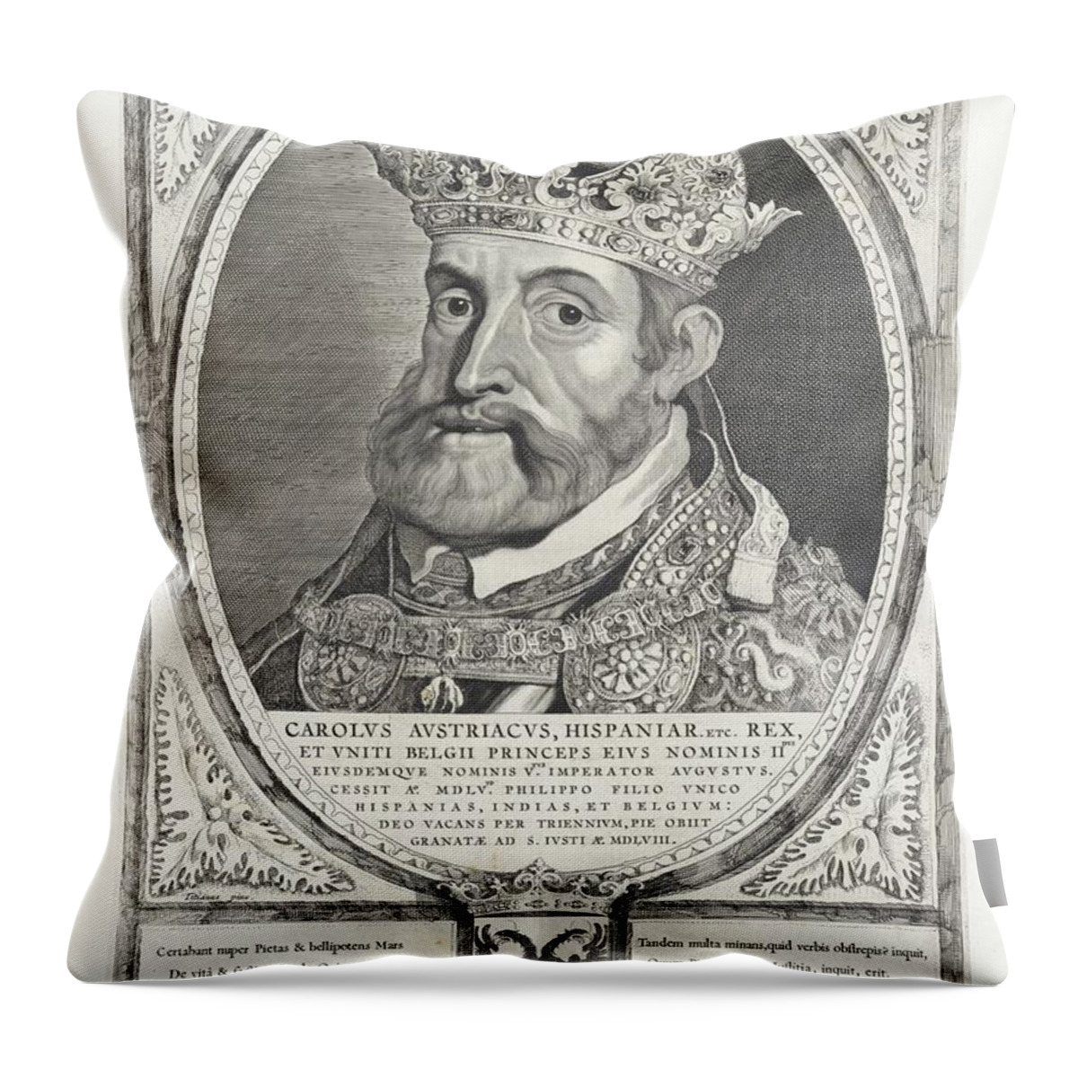 Emperor Throw Pillow featuring the painting Portrait of Charles V of Habsburg, Cornelis Visscher II, after Anthonis Mor, 1638 - 1658 #1 by Anthonis Mor