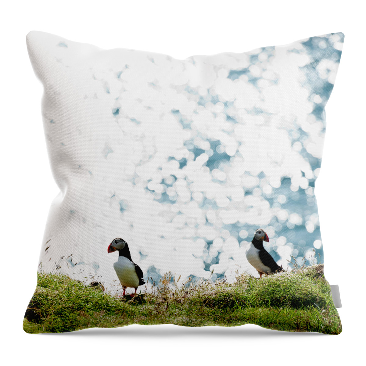 Grass Throw Pillow featuring the photograph Puffin And Sea #1 by Roine Magnusson