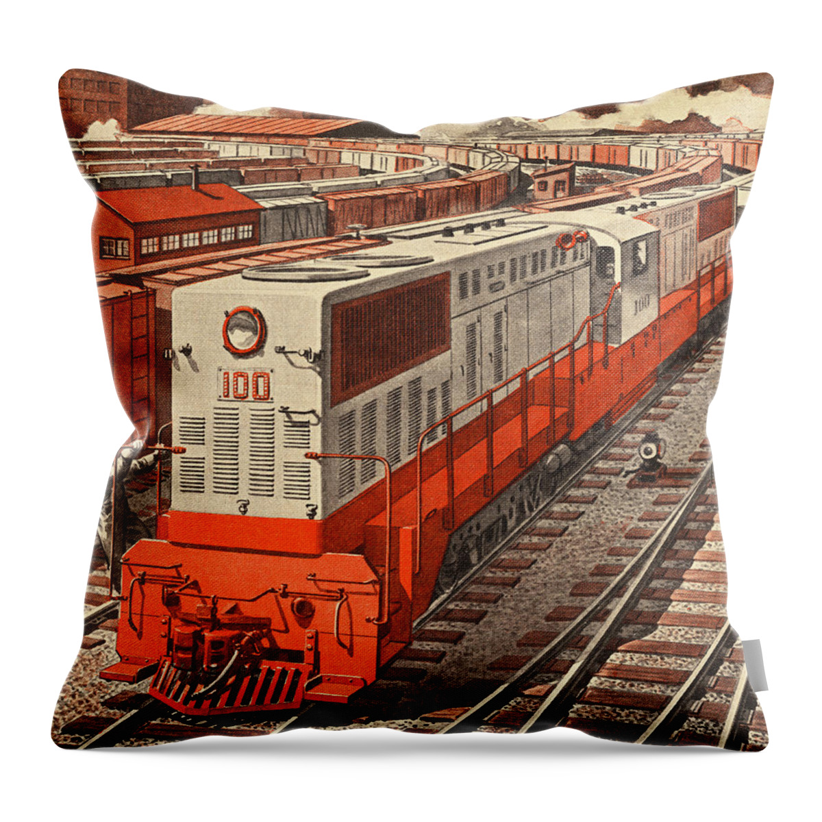 Boxcar Throw Pillow featuring the drawing Railroad Yard #1 by CSA Images