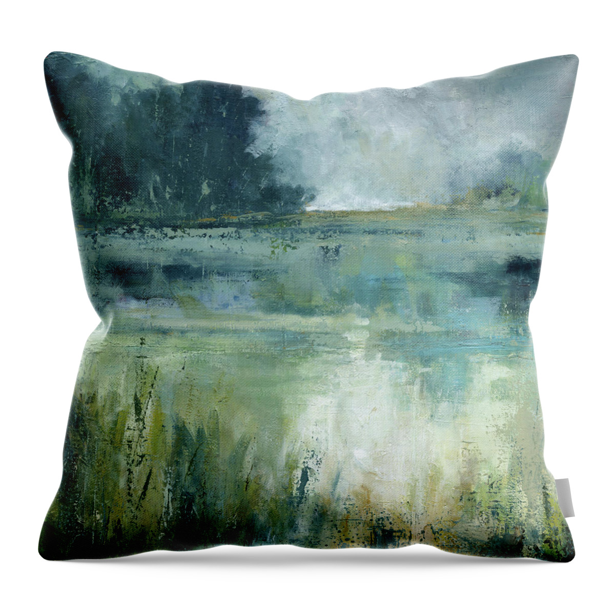 Landscape Trees Water Reflection Teals Indigo Green Contemporary Textured Throw Pillow featuring the painting Reflections Edge #1 by Carol Robinson