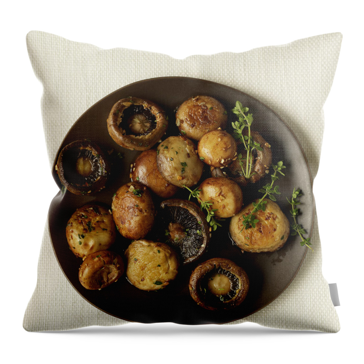 Edible Mushroom Throw Pillow featuring the photograph Roasted Mushrooms With Thyme #1 by James Baigrie