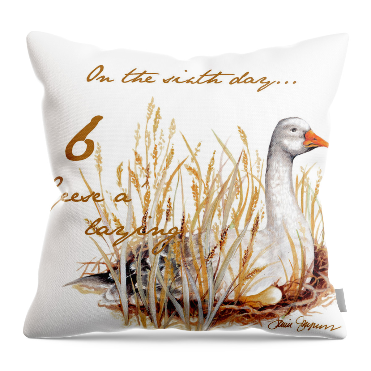 Six Throw Pillow featuring the digital art Six Geese A-laying #1 by Janice Gaynor