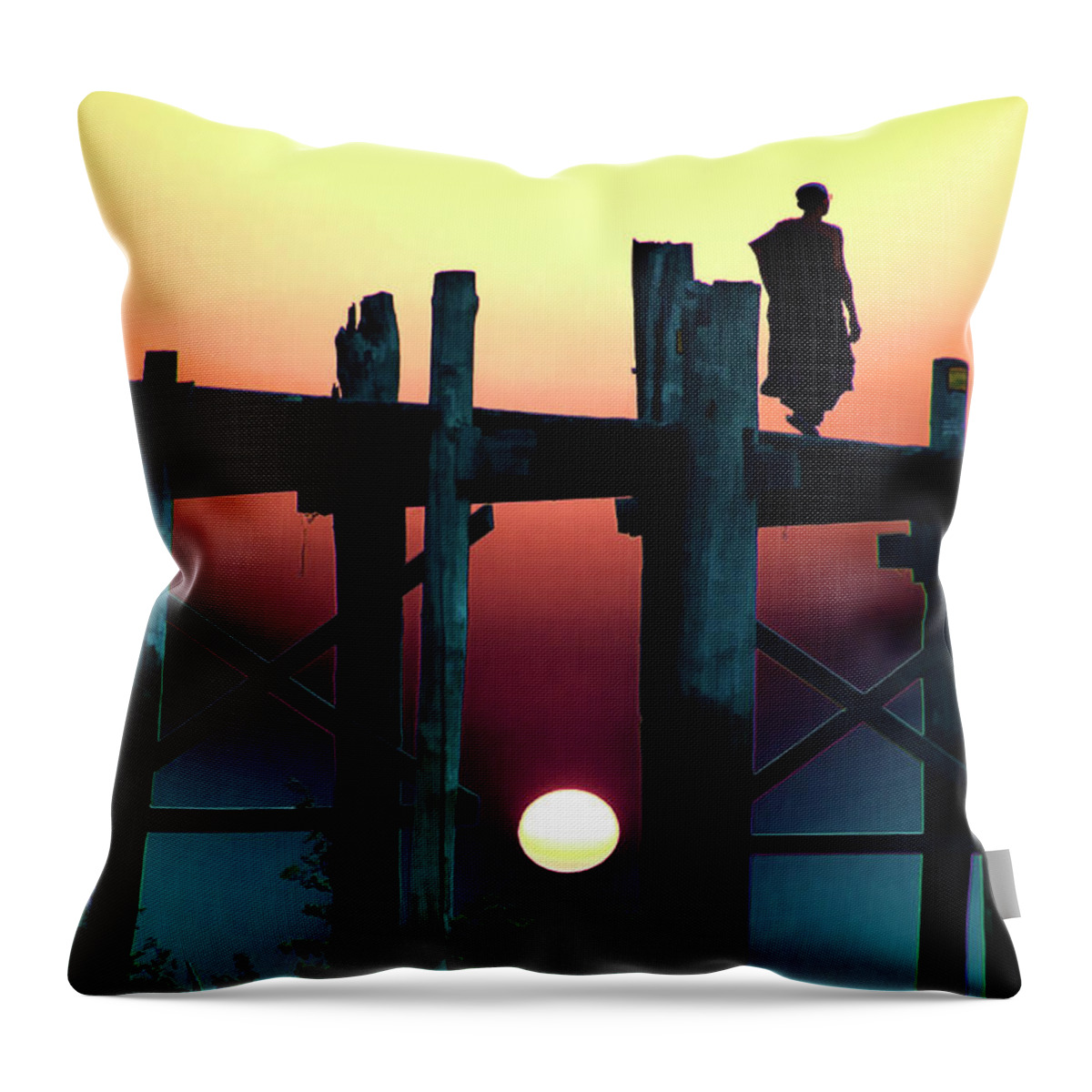 Scenics Throw Pillow featuring the photograph Sunset Over The U Bein Foot Bridge #1 by Claude Letien