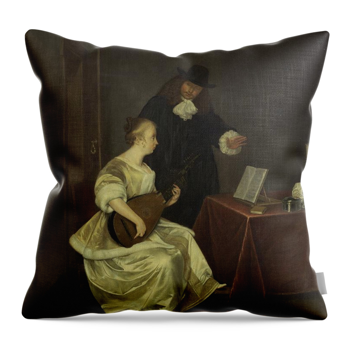 Woman Throw Pillow featuring the painting The Music Lesson by Studio Of Gerard Ter Borch The Younger