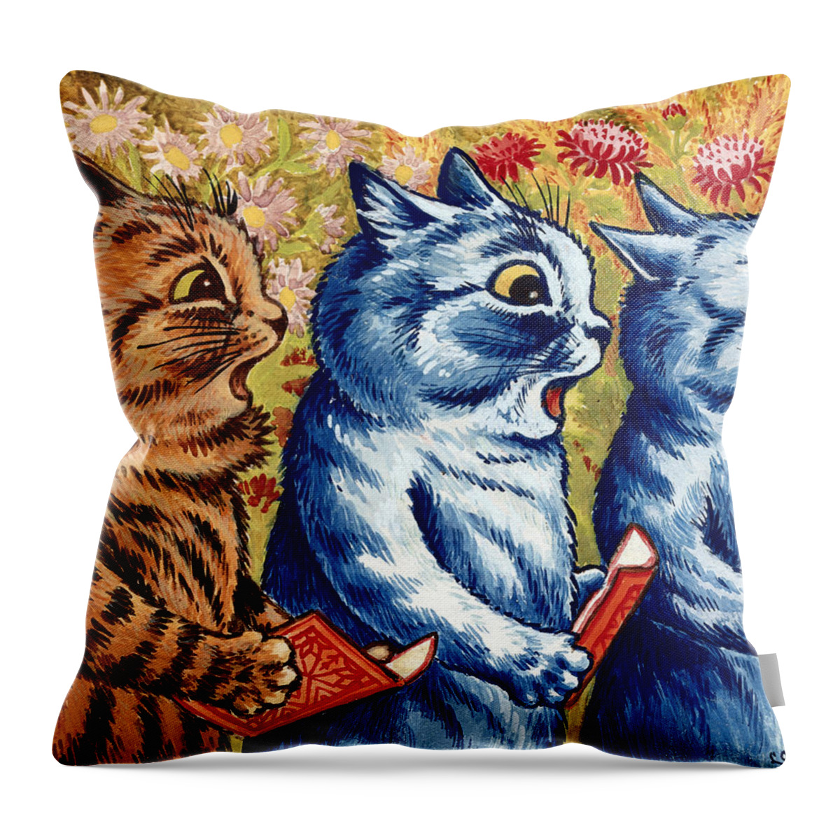 Cats Throw Pillow featuring the painting Three cats Singing #1 by Louis Wain