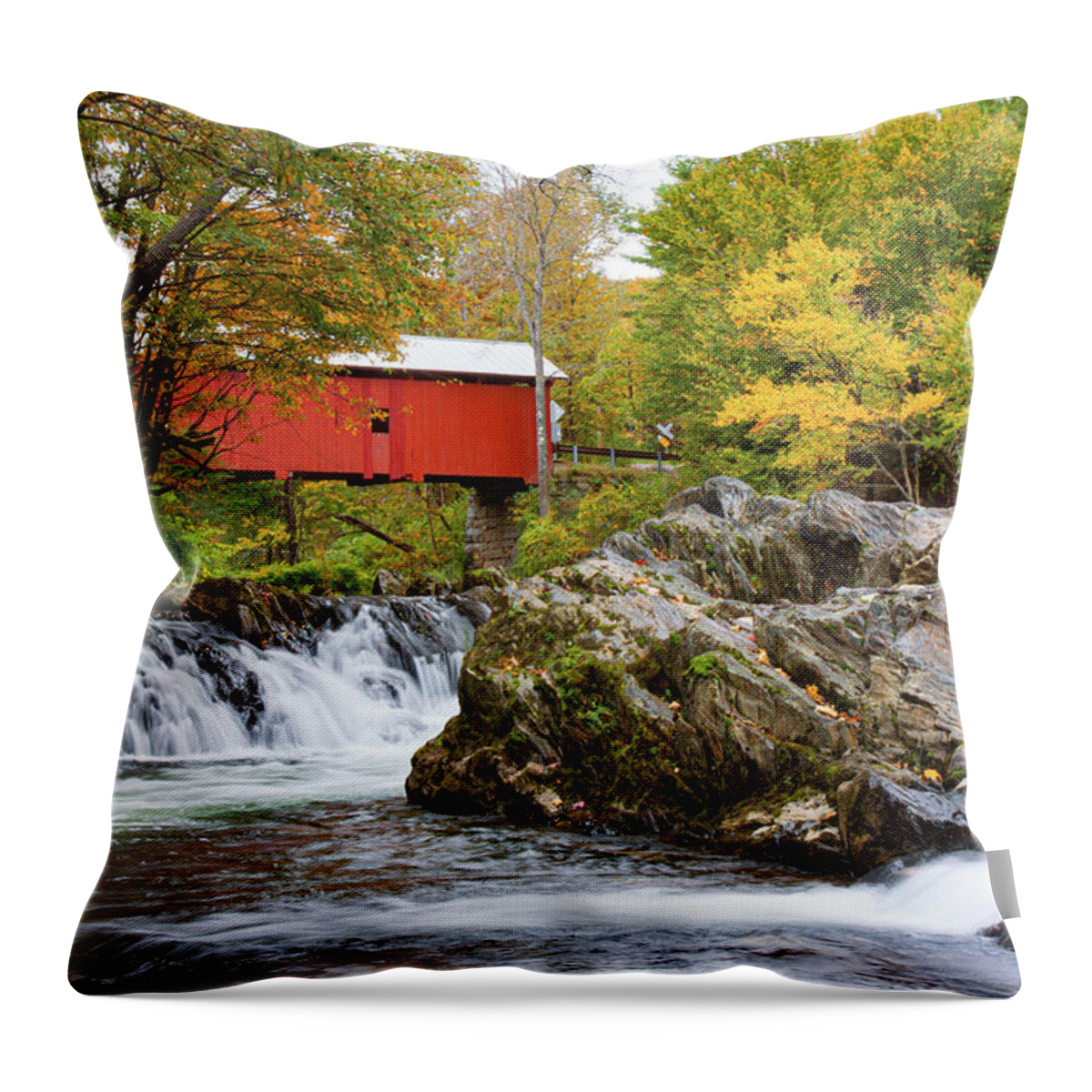 Slaughterhouse Covered Bridge Throw Pillow featuring the photograph Vermont covered bridge in autumn #1 by Jeff Folger