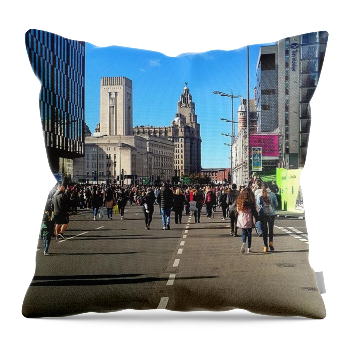 The Strand Liverpool Throw Pillow featuring the photograph Walking Along The Strand #2 by Joan-Violet Stretch