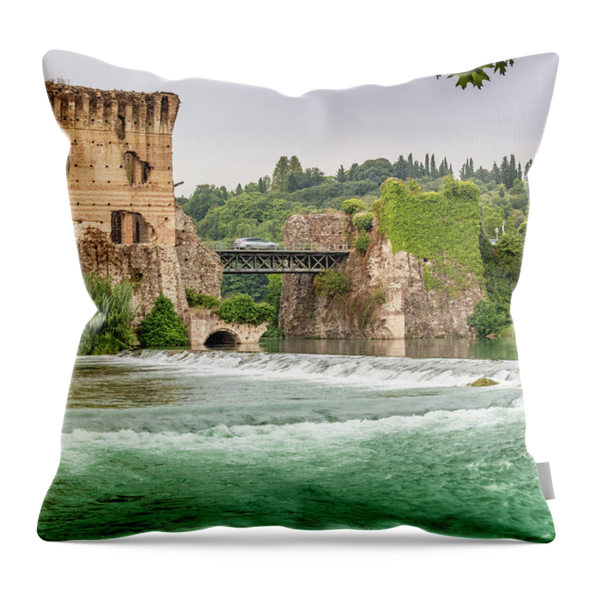 Borghetto Throw Pillow featuring the photograph Waters and ancient buildings of Italian medieval village #1 by Vivida Photo PC