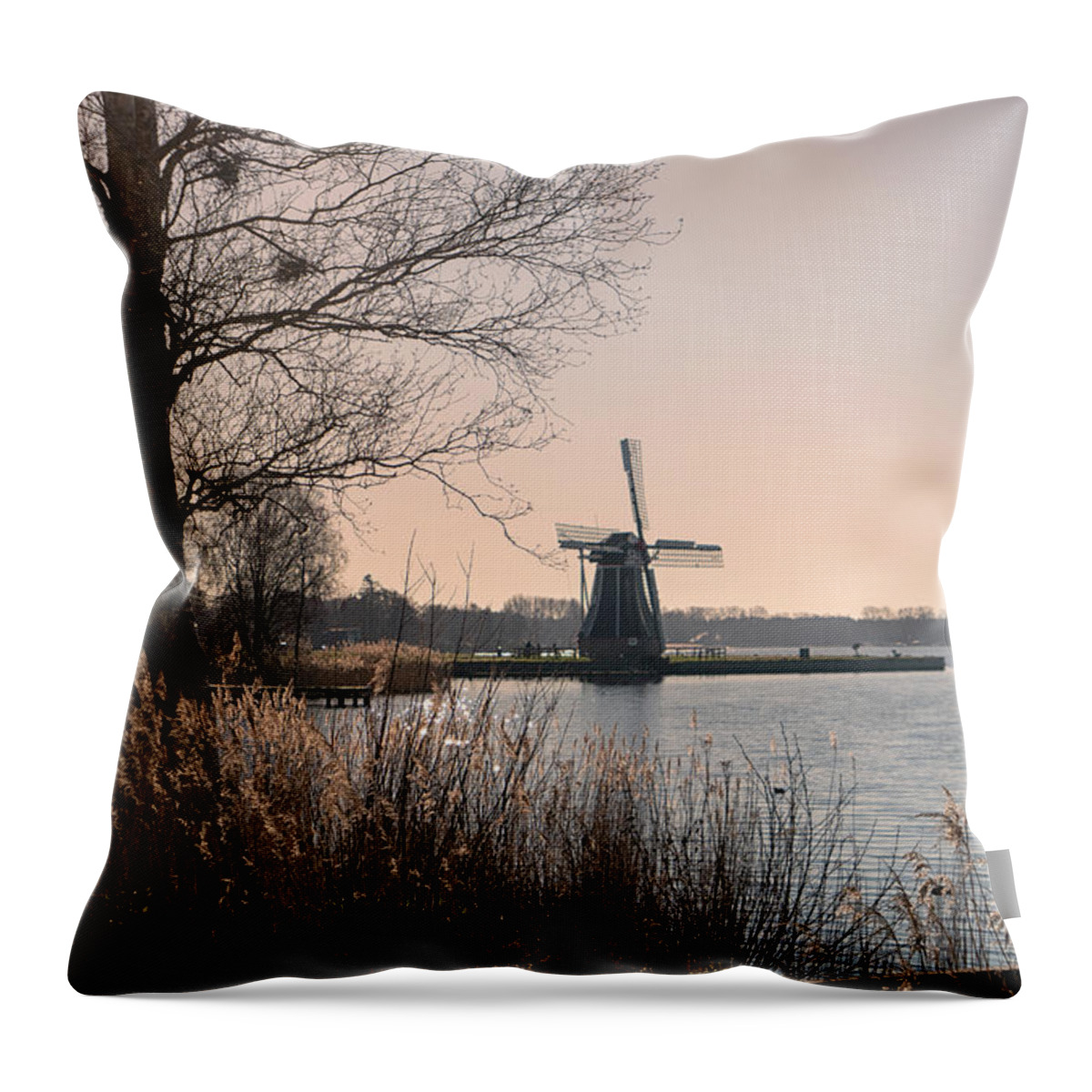 Blue Throw Pillow featuring the photograph Windmill on a lake in the Netherlands by Patricia Hofmeester
