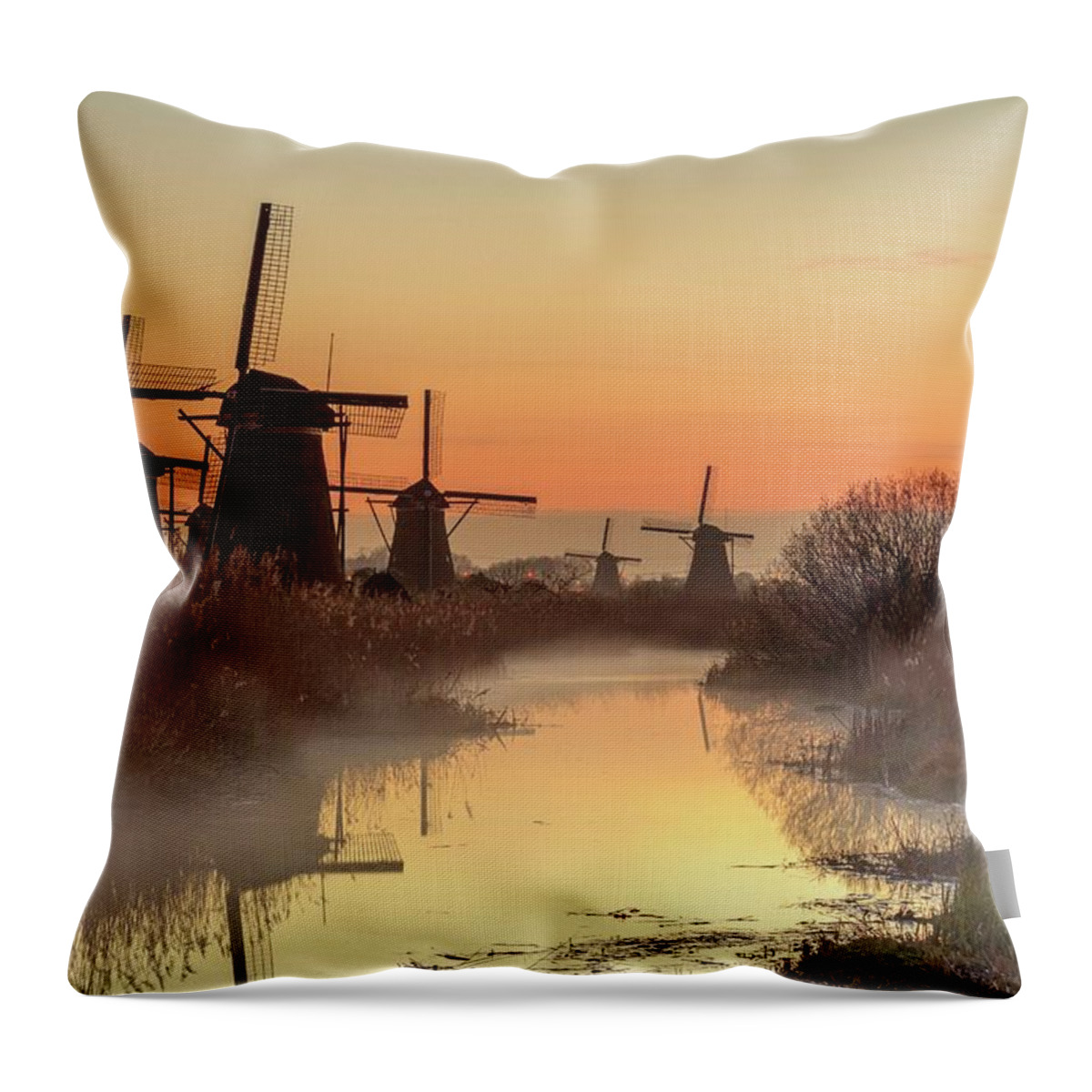 Estock Throw Pillow featuring the digital art Windmills, Kinderdijk, Netherlands #1 by Maurizio Rellini
