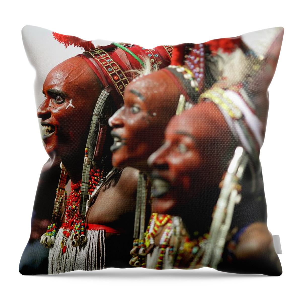 Headwear Throw Pillow featuring the photograph Wodaabe Tribe Gerewol Courtship Ritual #1 by Timothy Allen