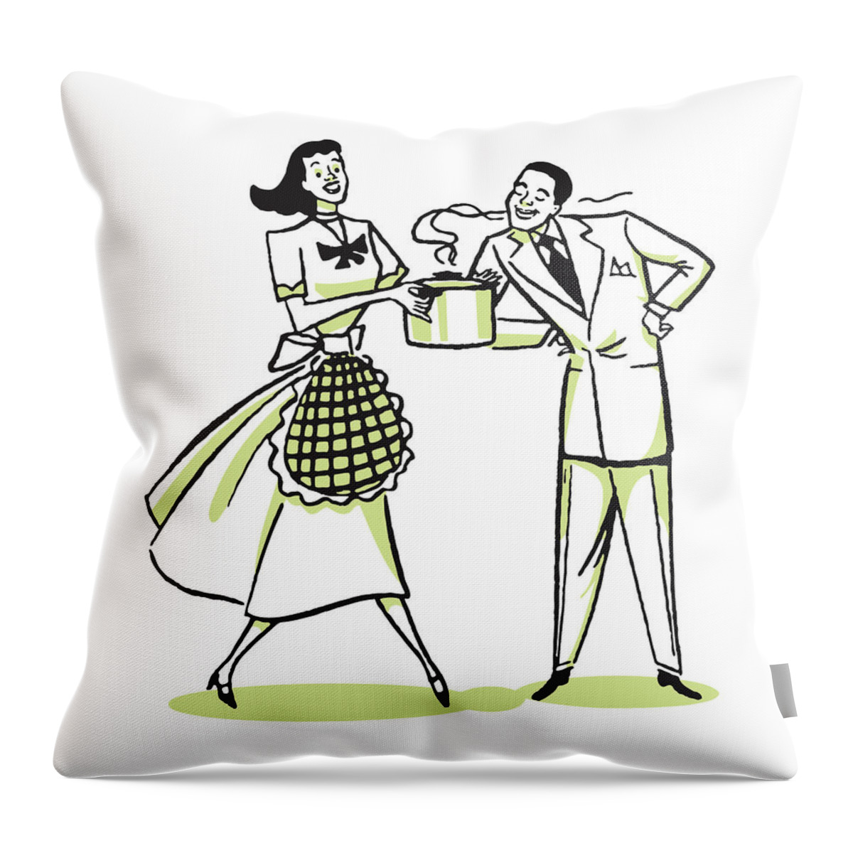 Adult Throw Pillow featuring the drawing Woman Carrying Steaming Pot Past Man Who Leans to Smell It #1 by CSA Images