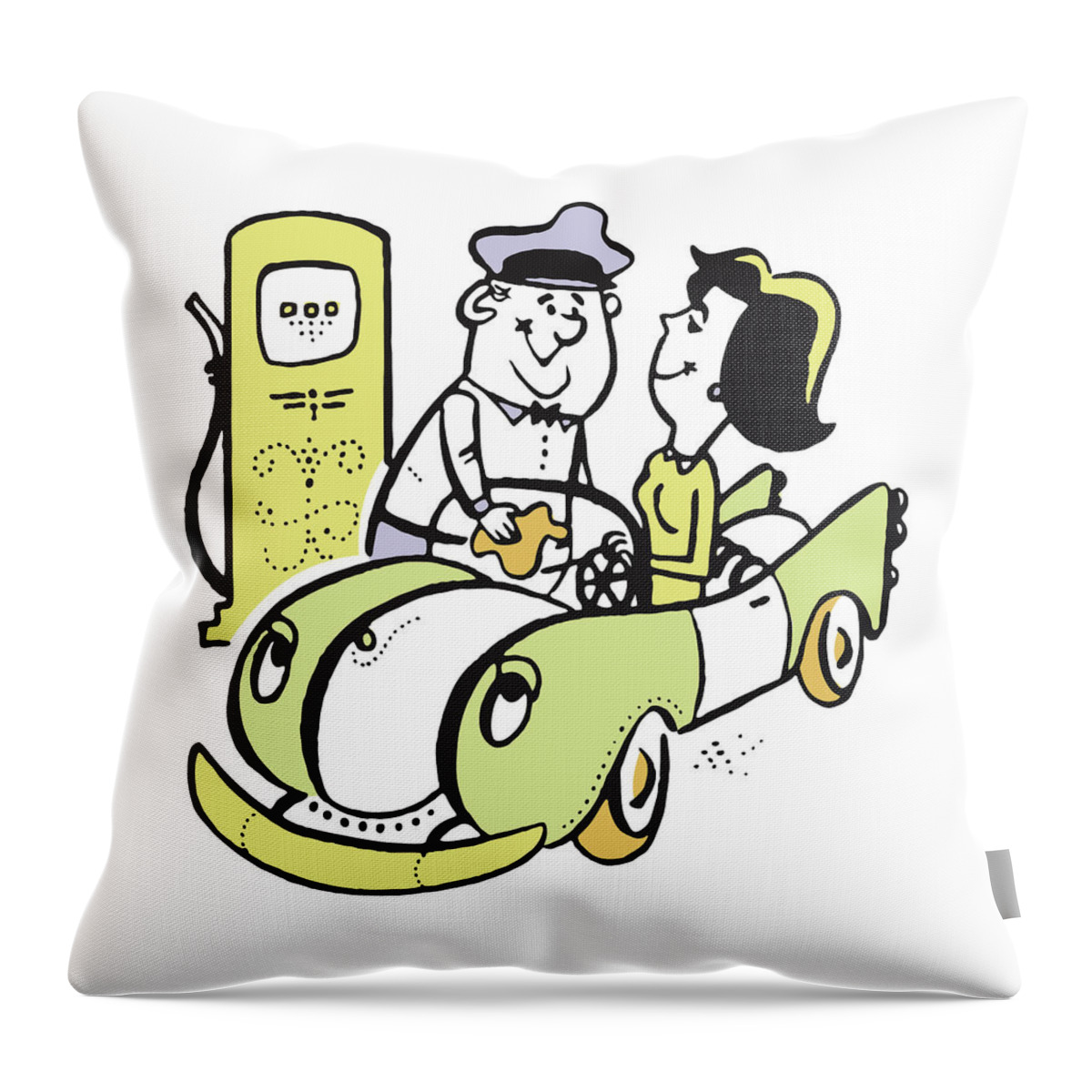 Accessories Throw Pillow featuring the drawing Woman in Convertible at Gas Station with Attendant Wiping Windshield #1 by CSA Images
