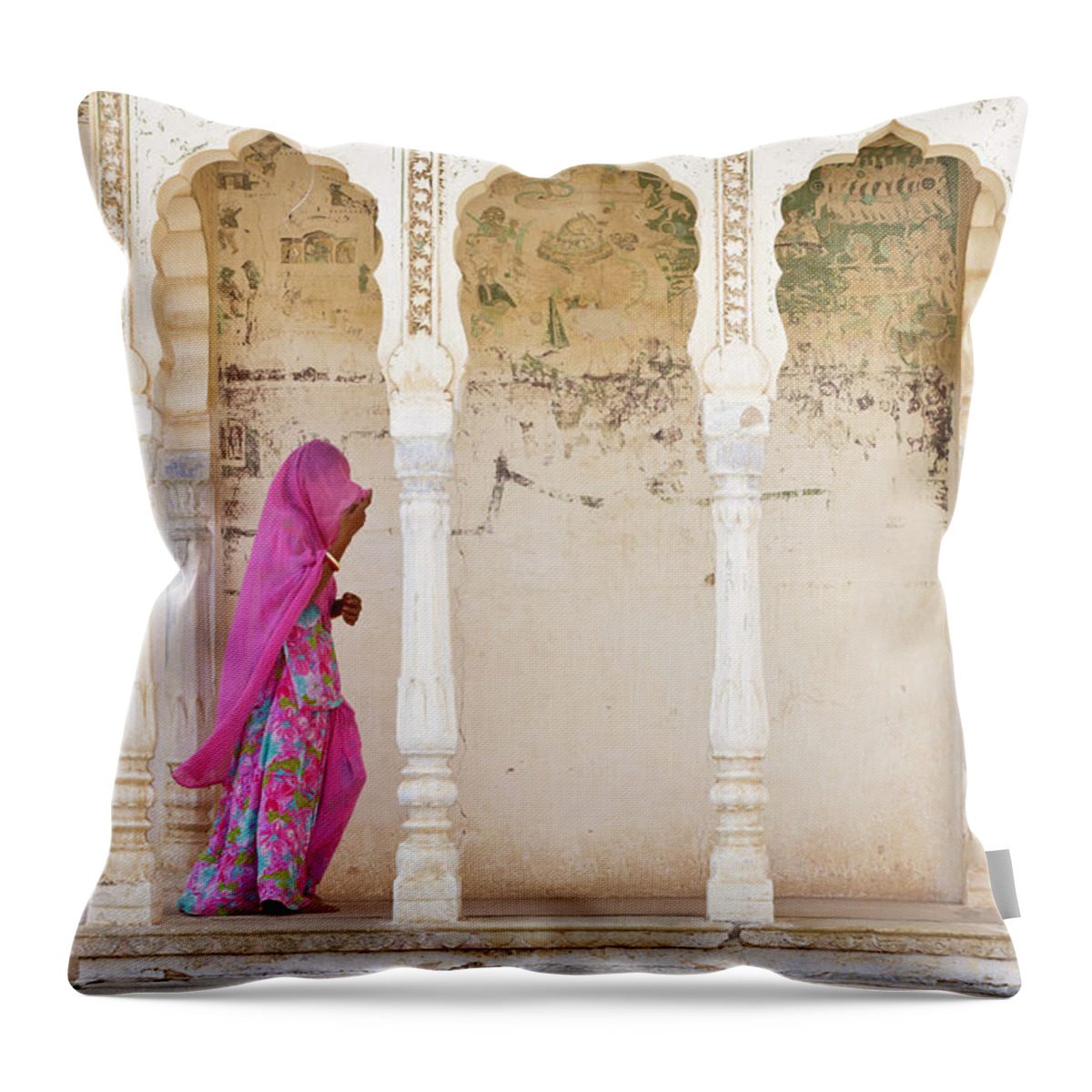 Arch Throw Pillow featuring the photograph Woman In Traditional Indian Clothing #1 by Pixelchrome Inc