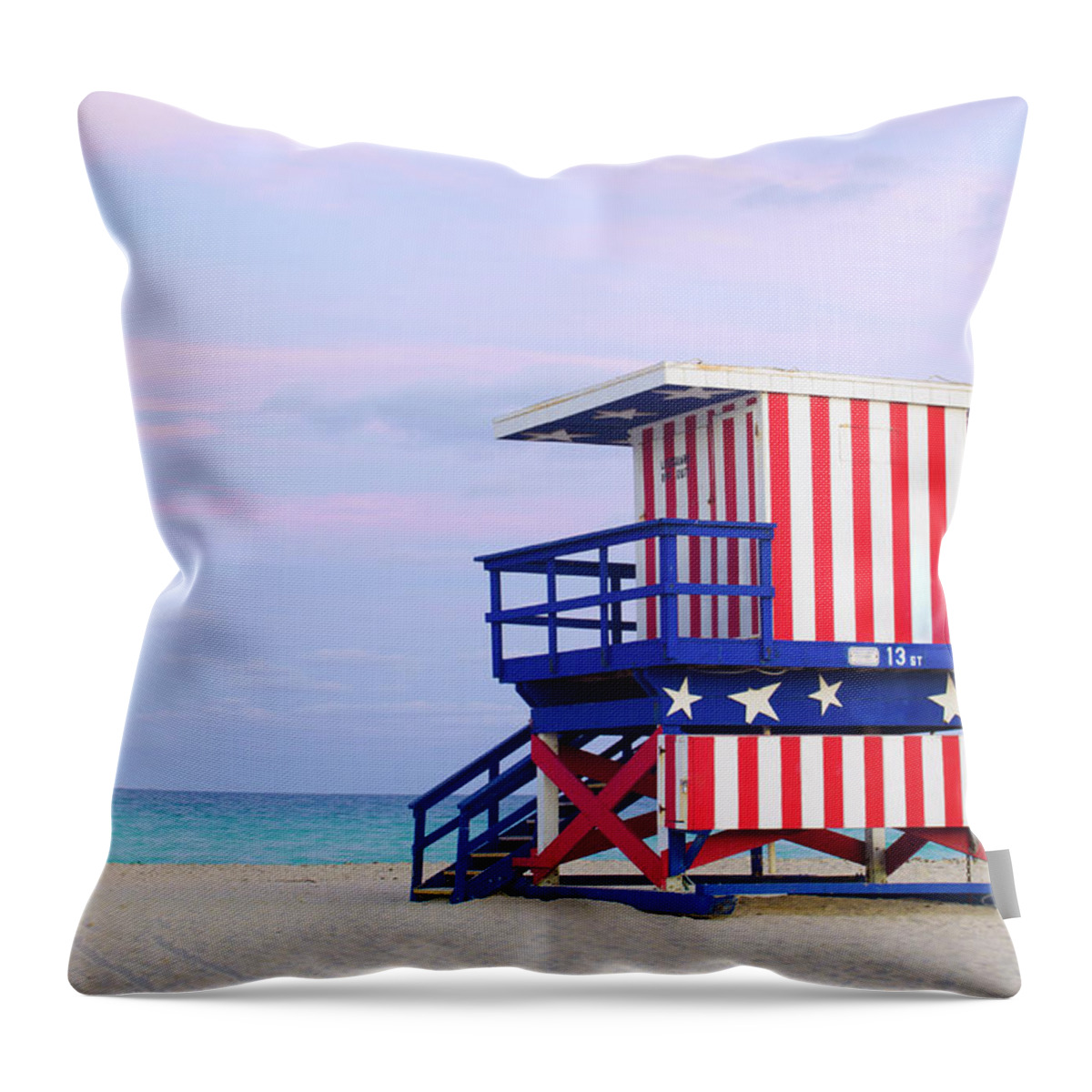 Beach Hut Throw Pillow featuring the photograph 13th Street Lifeguard Hut In Miami by Gregobagel