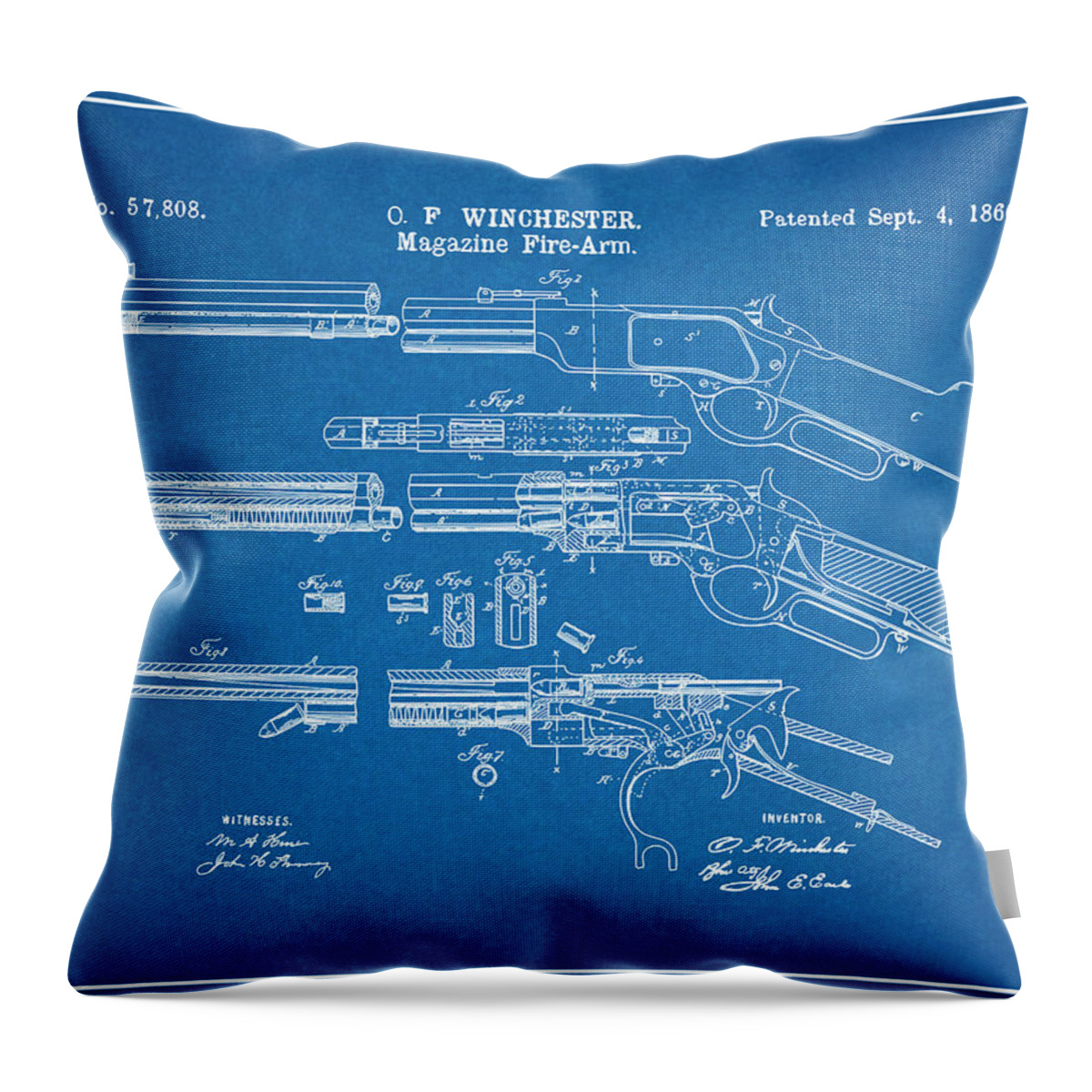 1866 Winchester Lever Action Rifle Patent Print Throw Pillow featuring the drawing 1866 Winchester Lever Action Rifle Blueprint Patent Print by Greg Edwards