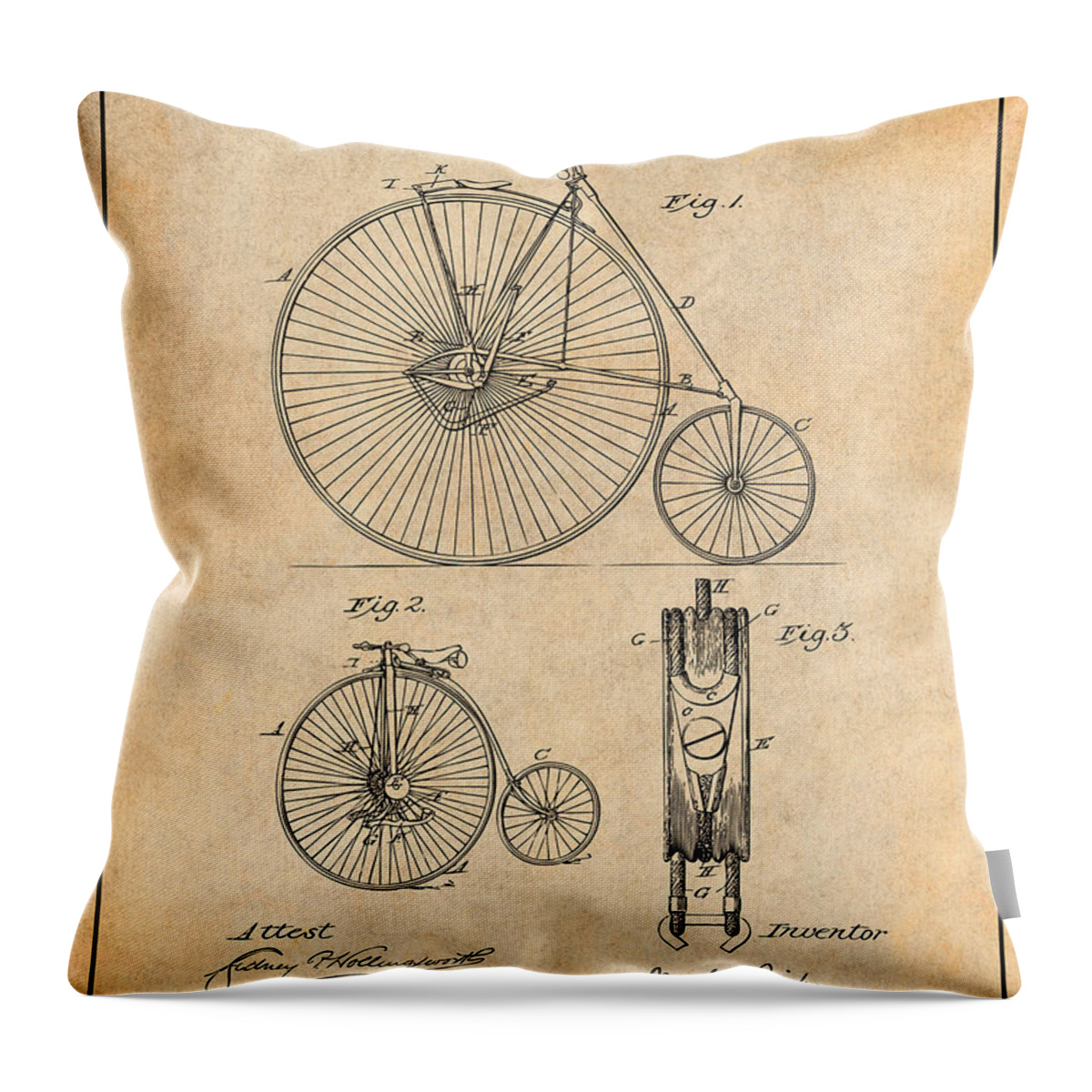 1886 W. G. Rich Velocipede Bicycle Patent Print Throw Pillow featuring the drawing 1886 W. G. Rich Velocipede Bicycle Antique Paper Patent Print by Greg Edwards
