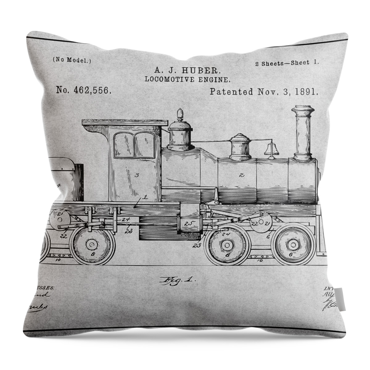 1891 Huber Locomotive Engine Patent Print Throw Pillow featuring the drawing 1891 Huber Locomotive Engine Gray Patent Print by Greg Edwards