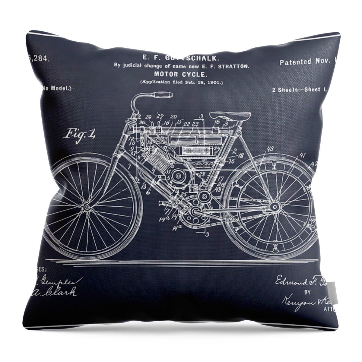 1901 Stratton Motorcycle Patent Print Throw Pillow featuring the photograph 1901 Stratton Motorcycle Blackboard Patent Print by Greg Edwards