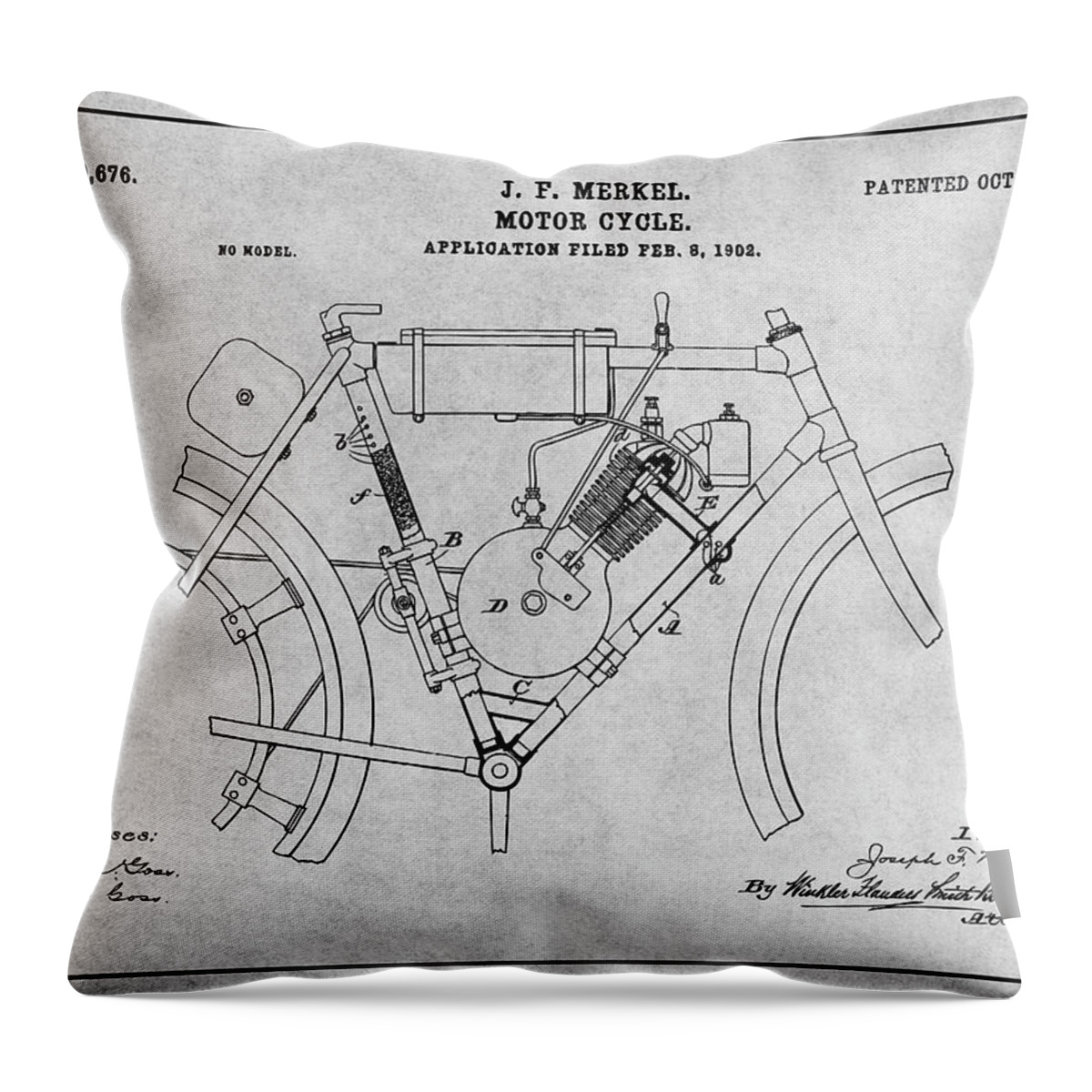 1902 Merkel Motorcycle Patent Print Throw Pillow featuring the digital art 1902 Merkel Motorcycle Gray Patent Print by Greg Edwards