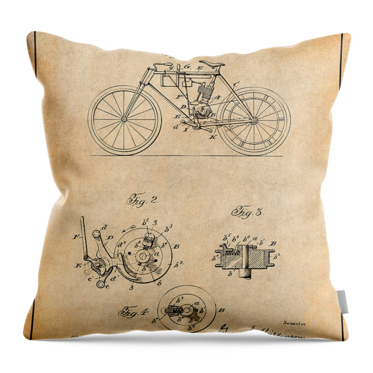1904 Wilkinson Antique Motorcycle Patent Print Throw Pillow featuring the drawing 1904 Wilkinson Antique Motorcycle Patent Print Antique Paper by Greg Edwards