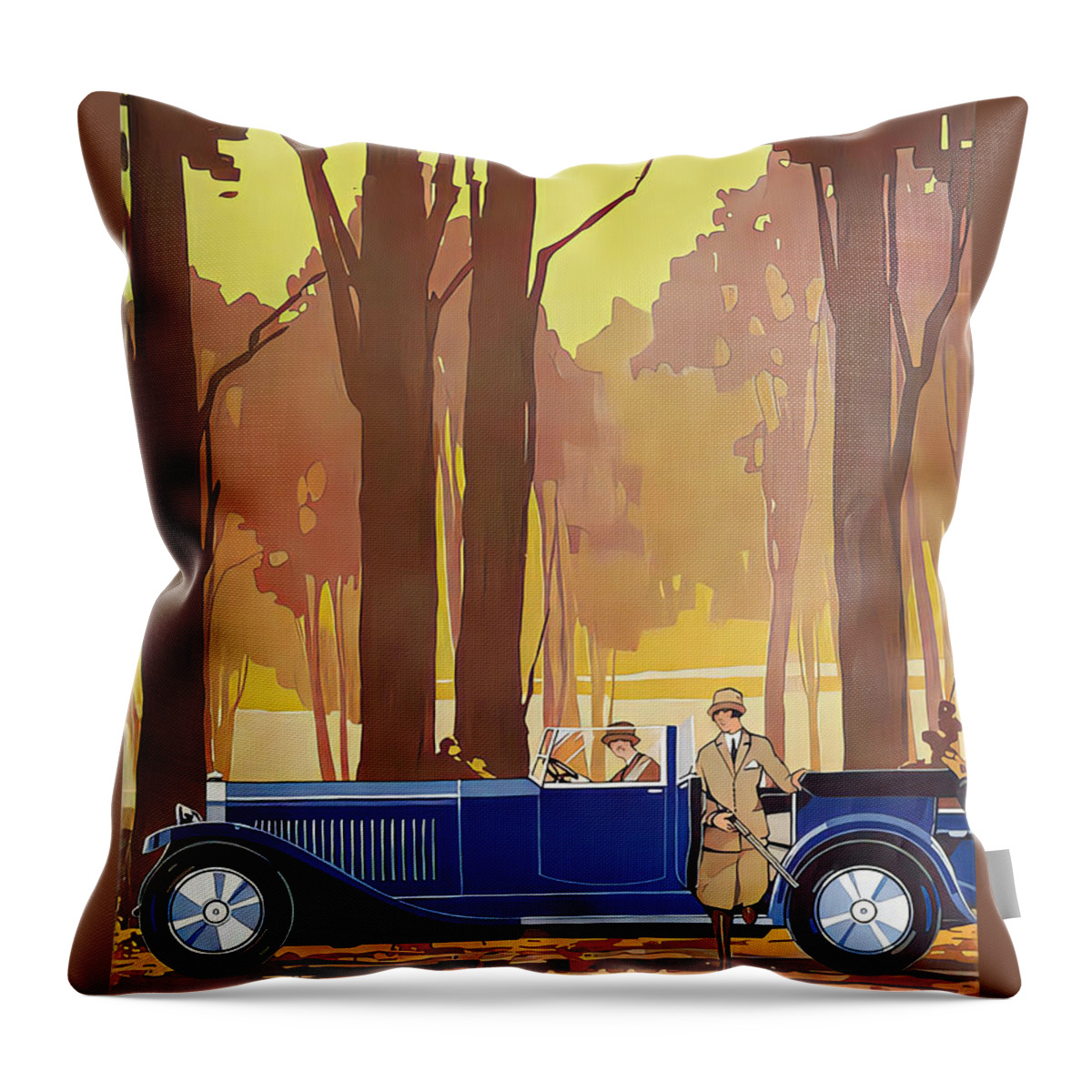 Vintage Throw Pillow featuring the mixed media 1927 Open Touring Car With Woman Hunters In Forest Setting Original French Art Deco Illustration by Retrographs