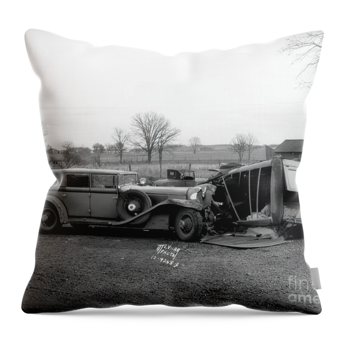 Vintage Throw Pillow featuring the photograph 1930 L29 Cord Convertible Sedan Crash Scene by Retrographs