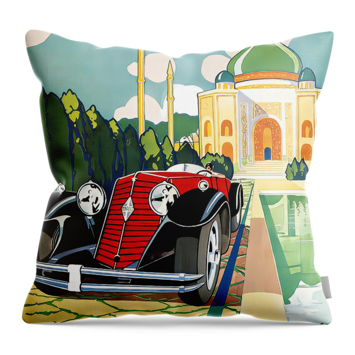 Vintage Throw Pillow featuring the mixed media 1930 Renault Sports Skiff Touring Car Eastern Poolside Setting Original French Art Deco Illustration by Retrographs