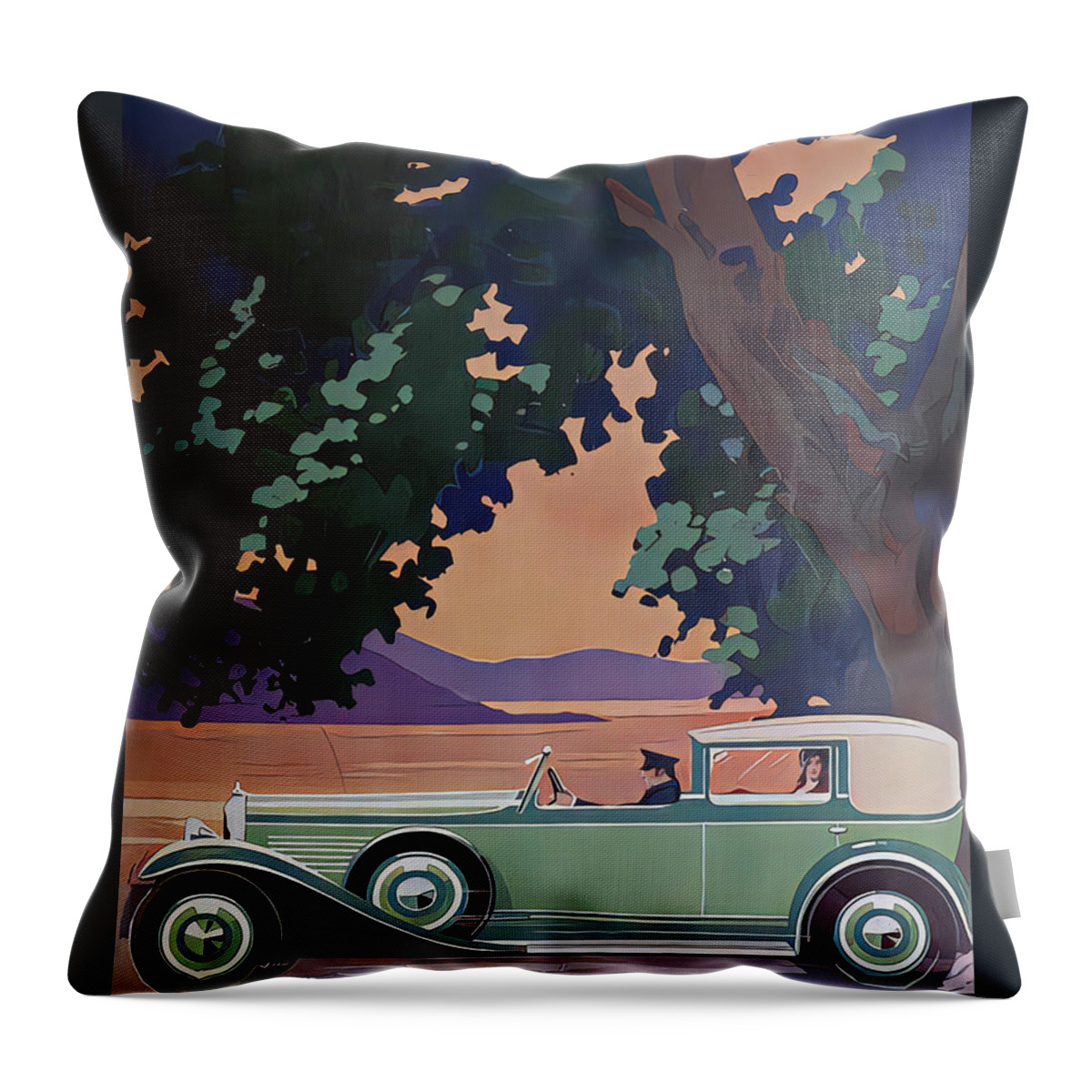 Vintage Throw Pillow featuring the mixed media 1931 Town Car With Driver And Occupants Lakeside Setting Original French Art Deco Illustration by Retrographs