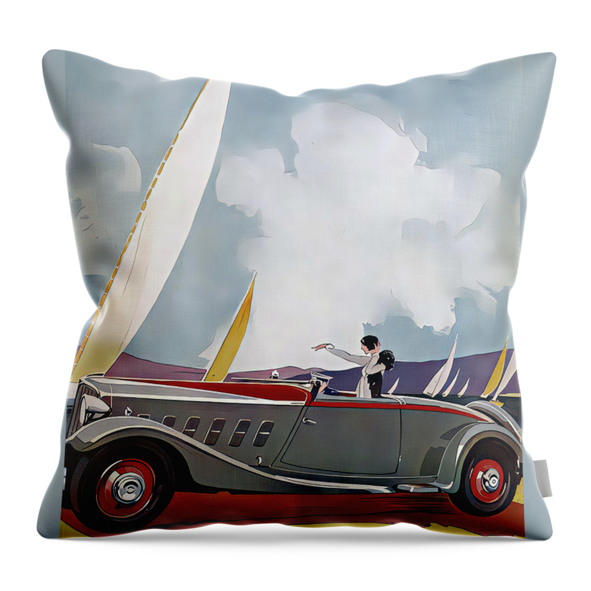 Vintage Throw Pillow featuring the mixed media 1934 Panhard Roadster With Woman Occupant With Sailboats Original French Art Deco Illustration by Retrographs