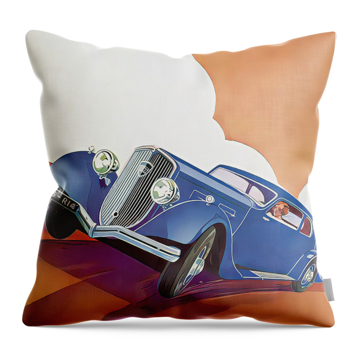 Vintage Throw Pillow featuring the mixed media 1934 Panhard With Woman Driver At Speed Original French Art Deco Illustration by Retrographs