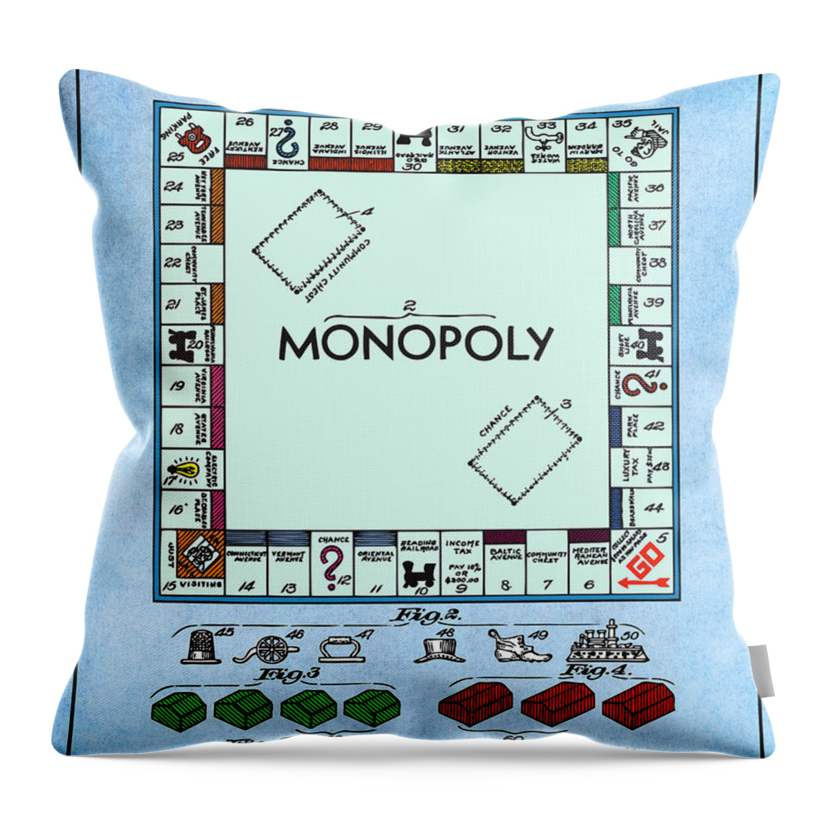 Monopoly Patent Throw Pillow featuring the drawing 1935 Colorized Monopoly Game Light Blue Patent Print by Greg Edwards