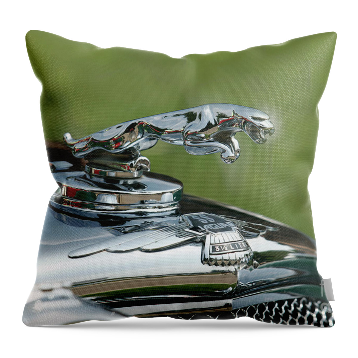Vintage Throw Pillow featuring the photograph 1936 Jaguar Ss Flying Car Hood Ornament by Lucie Collins