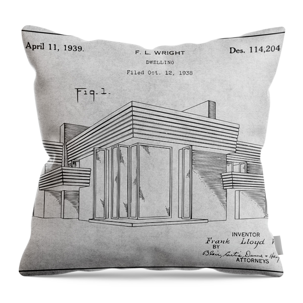 1938 Frank Lloyd Wright House Dwelling Patent Print Throw Pillow featuring the drawing 1938 Frank Lloyd Wright House Dwelling Gray Patent Print by Greg Edwards