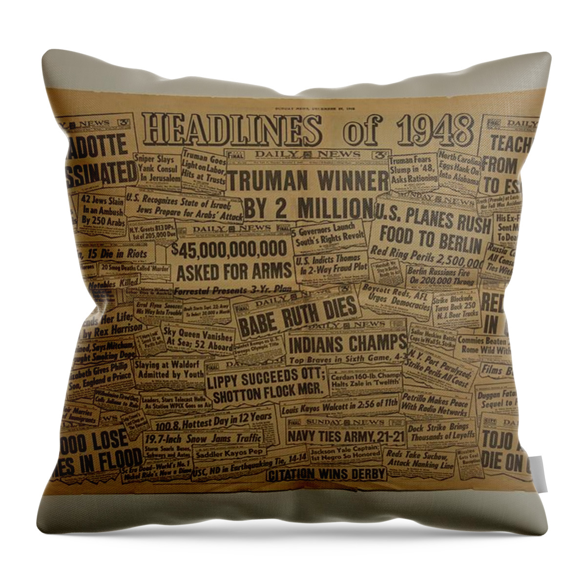 History Throw Pillow featuring the photograph 1948 Headlines by Marty Klar