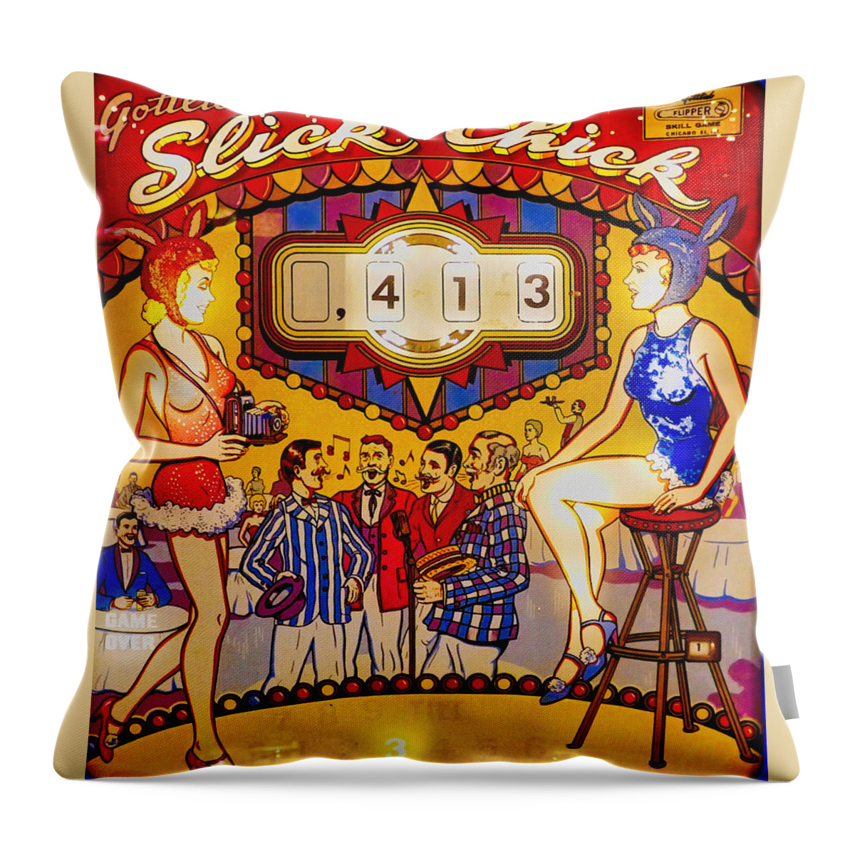 Color Photo Of 1963 Slick Chick Pinball Machine Throw Pillow featuring the photograph 1963 Slick Chick Pinball Machine by Joan Reese